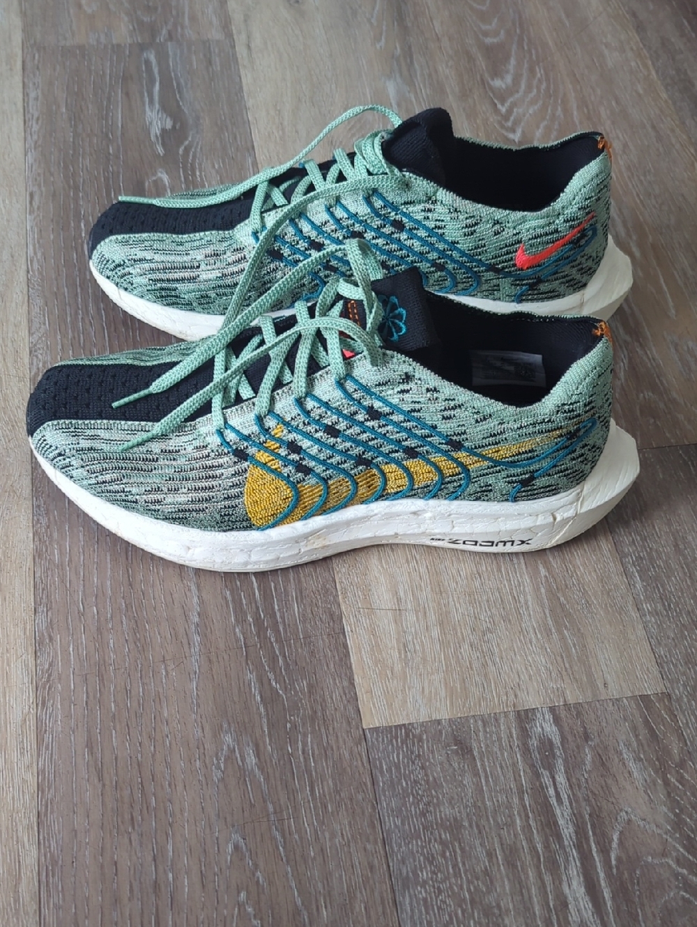 Nike Flyknit Running Shoes - Mint Green with Yellow & Coral Accents